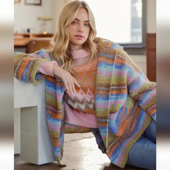 New Easel Rainbow Stripe Knit Cardigan Sweater - Picture 2 of 5